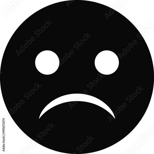Sad face emoticon icon with frown and eyes, black circular symbol for emotion, feedback, dissatisfaction, mood, expression, UI