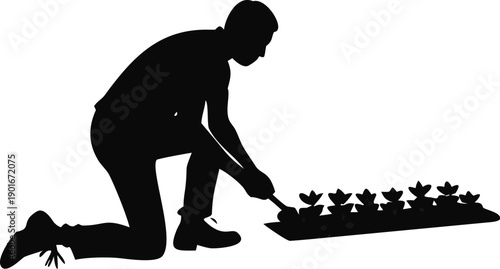 Man Planting A Row Of Vegetables Silhouette
