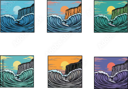 Surfer riding dramatic ocean waves, cliffside background, vibrant sky colors, sunrise to sunset, coastal adventure, extreme sport, scenic beach landscape