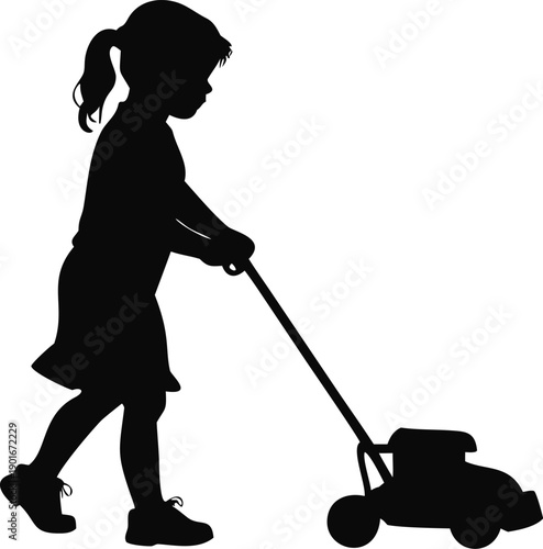 Girl Pushing A Toy Lawnmower Silhouette