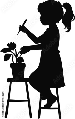 Girl Painting A Flower Pot Silhouette