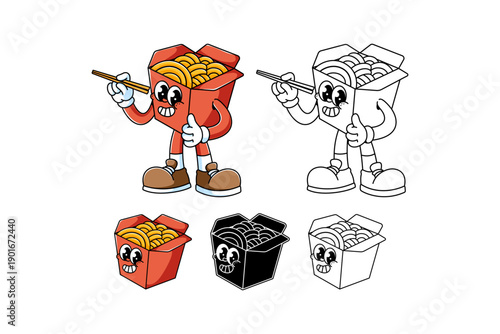 Noodle box Asian food retro cartoon character standing and holding chopsticks for street food, restaurant, eatery mascot and merchandise. Takeout noodles mascot logo