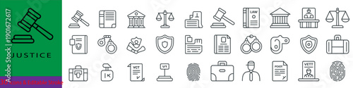 A comprehensive set of line icons representing various aspects of justice, law, and legal proceedings, including gavels, scales, court buildings, documents, and legal professionals.