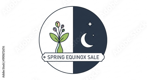 Spring equinox sale logo with sprouting plant and crescent moon