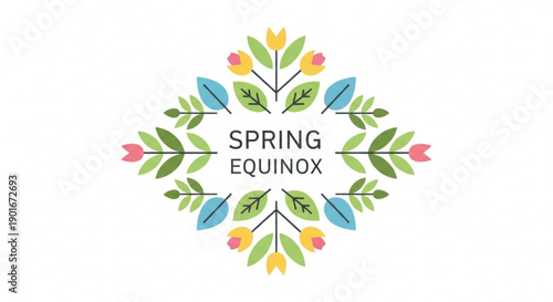 Vibrant spring equinox logo with colorful flowers and leaves on white background