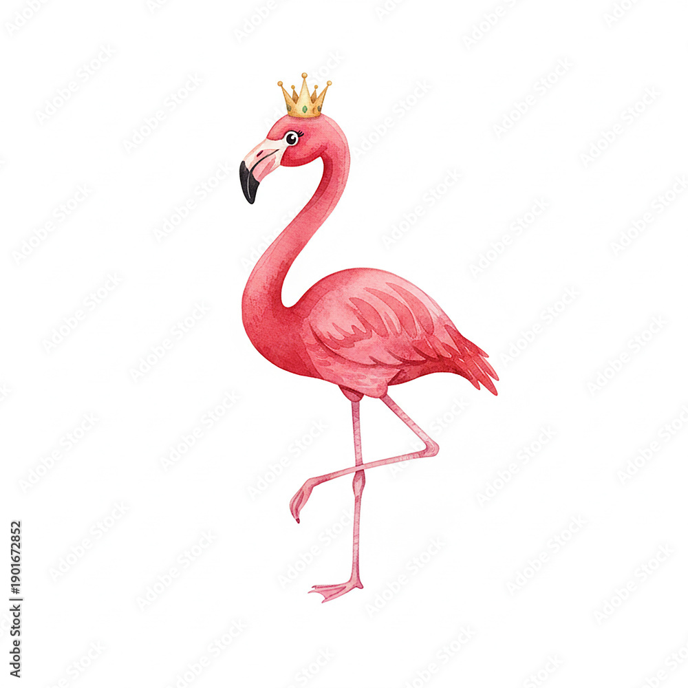 Fototapeta premium Flamingo Bird Isolated, Flamingo Bird Waring Crown Isolated Image, Bird, Animal, Cartoon Flamingo, Watercolor Flamingo Bird Isolated Image.