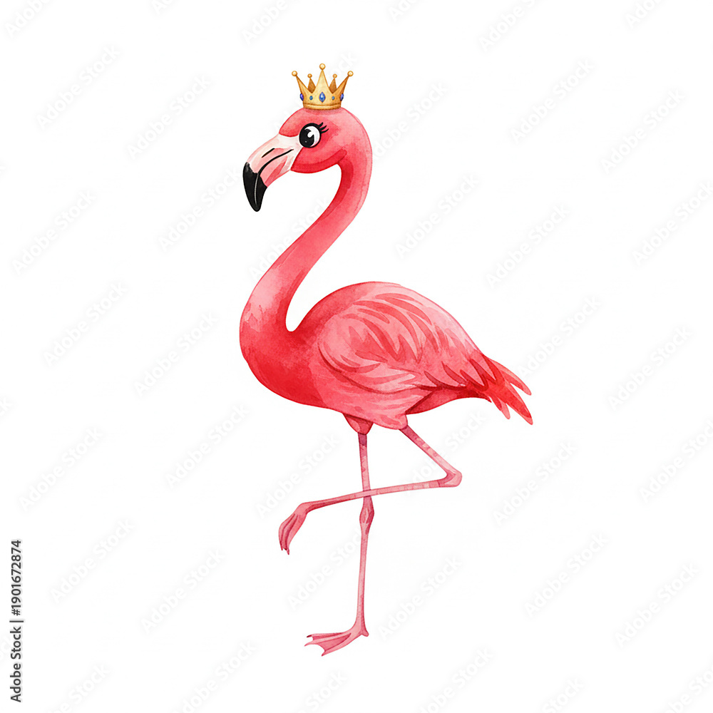 Fototapeta premium Flamingo Bird Isolated, Flamingo Bird Waring Crown Isolated Image, Bird, Animal, Cartoon Flamingo, Watercolor Flamingo Bird Isolated Image.