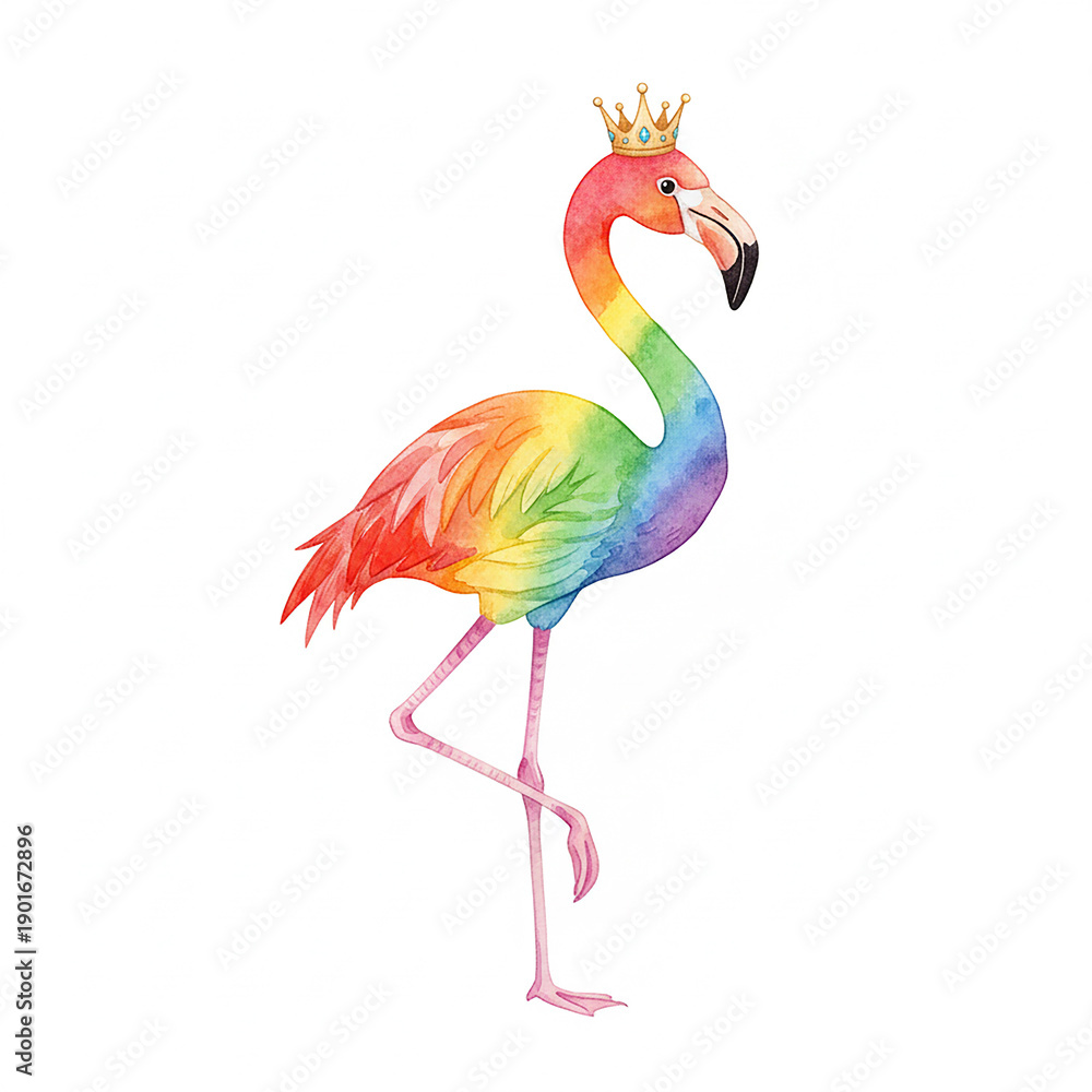 Fototapeta premium Flamingo Bird Isolated, Flamingo Bird Waring Crown Isolated Image, Bird, Animal, Cartoon Flamingo, Watercolor Flamingo Bird Isolated Image.
