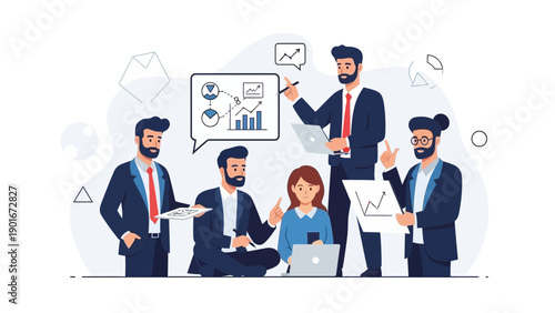 Diverse business team collaborating on strategy and data analysis, modern flat illustration