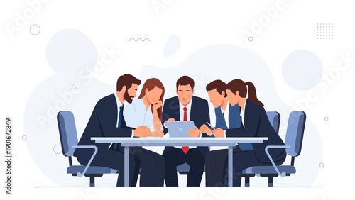 Diverse business team collaborating around a laptop at a modern meeting table.