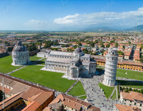 Fotografie Aerial view of the Leaning Tower of Pisa with Pisa Cathedral and Baptistery at P