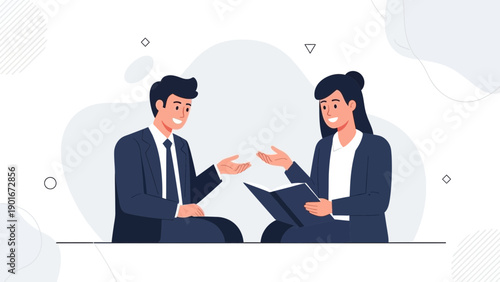 Business meeting: two professionals discussing a book or document, teamwork concept