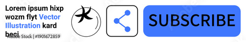 Social media, user interface, online marketing, website design, call to action, digital communication. Blue subscribe button and sharing icon with plain text. Social media and user interface concept