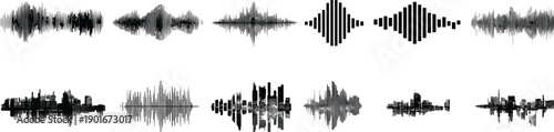 Sound waveforms and city skyline silhouettes, abstract audio visualization, urban architecture concept, black and white minimal design art