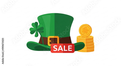 St patrick's day sale concept with leprechaun hat gold coins and shamrock on white background