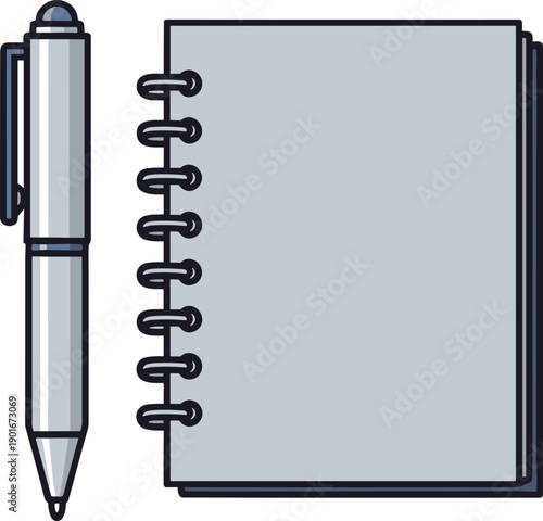 Spiral notebook with blank pages and vertical pen, minimal stationery setup for writing, note-taking, journaling, study, office, education