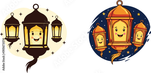 Smiling lanterns, festive lights, Ramadan celebration, cute cartoon lanterns, Islamic decor, night sky, joyful mood, traditional design, stars, illustration