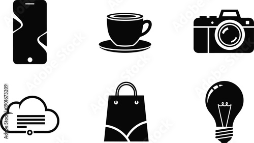 Smartphone icon, coffee cup, camera symbol, cloud chat, shopping bag, light bulb, minimal design, black and white, modern UI, vector illustration