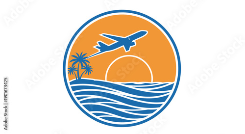 Tropical travel adventure with airplane, sunset, and ocean waves.