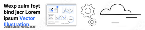 Data visualization, cloud computing, tech workflows, industry operations, automation, development processes. Dashboard with charts, gears and cloud illustration. Data visualization and cloud
