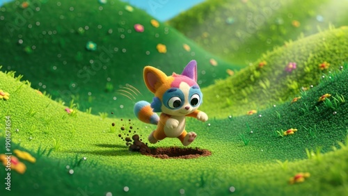 Animated cartoon character bounds across a whimsical, vibrant green landscape