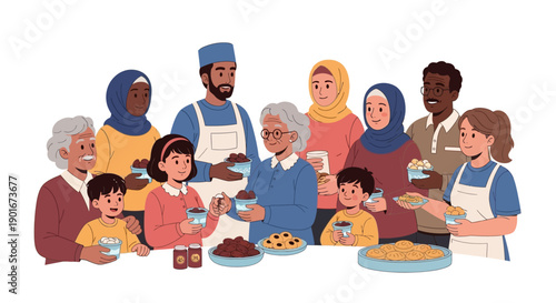 Diverse group of people sharing food and breaking their fast during Ramadan with plates of dates and snacks.