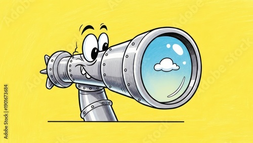 Animated telescope character looking optimistically towards the horizon on yellow backdrop
