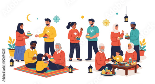 Illustration of a diverse group of people sharing food and breaking their fast during Ramadan with a joyful atmosphere and warm lighting on a white background.