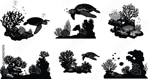 Sea turtle silhouette, underwater coral reef, marine life illustration, ocean biodiversity, black and white art, aquatic nature, fish scene