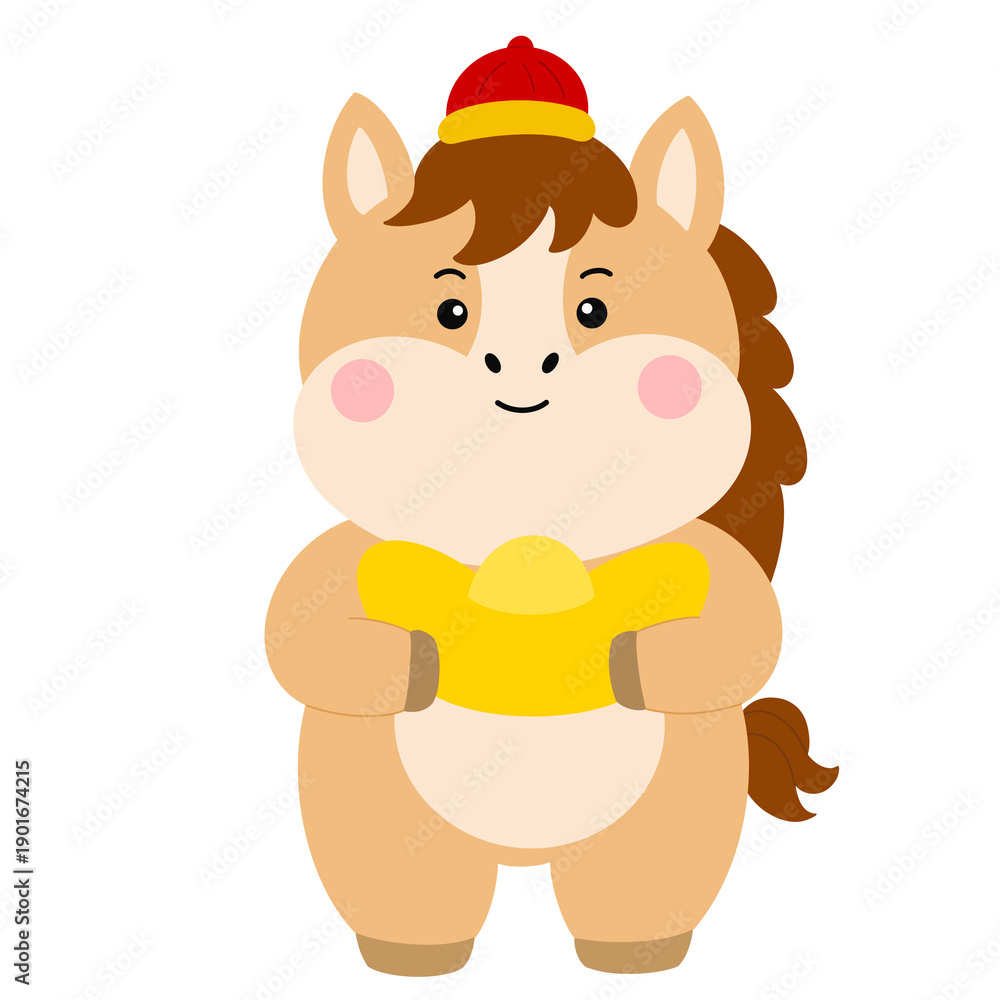 Obraz premium cute Horse Holding Gold Ingot