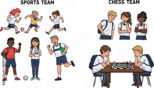 School sports team playing soccer, chess team thinking strategy, student teamwork, physical activity, mental focus, youth competition, education diversity