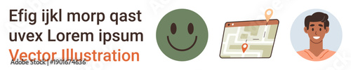 Navigation, communication, location services, user identification, digital mapping, emotional expression. Includes a smiling face, a map with a pin and a person s portrait. Navigation