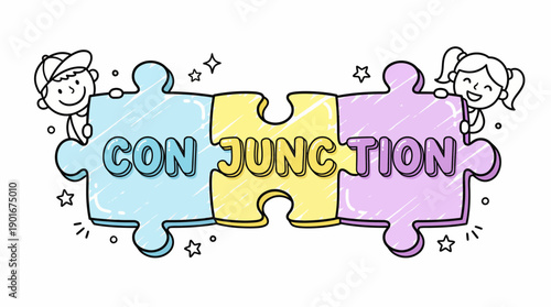 Colorful Conjunction Word Illustration on Puzzle Pieces with Happy Cartoon Children. English Grammar Learning and Vocabulary Education Doodle Vector.