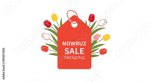 Nowruz sale trending tag with colorful tulips on white background