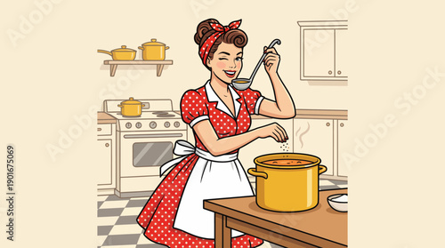 Retro Pin-up Housewife Winking and Seasoning Soup in the Kitchen. Happy Vintage 1950s Woman Cooking Dinner. Cartoon Illustration.