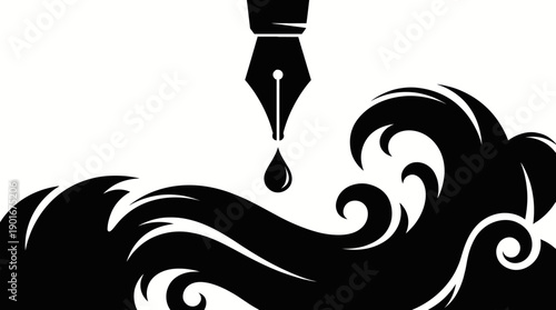 Black Ink Droplet Falling from Fountain Pen Nib onto Abstract Swirls. Symbol of Writing, Creativity, and Storytelling.