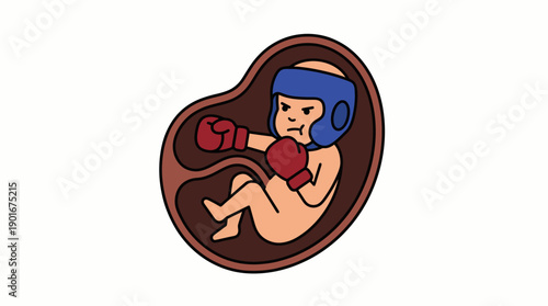 Determined Fetus Boxer in Womb. Cartoon Illustration of a Baby Wearing Boxing Gloves and Headgear, symbolizing strength, fighting spirit, and resilience during pregnancy.
