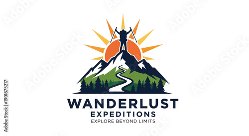 Wanderlust Expeditions Logo with Mountain, Forest, and Sun.