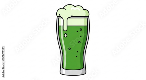 Glass of green beer with frothy head and bubbles cartoon style