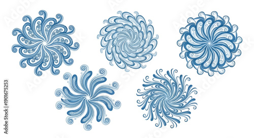 A collection of five intricate blue circular mandala-like designs with swirling patterns, set against a white background.