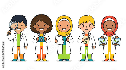 Diverse Child Scientists Group Doing Experiment | Kids in Lab Coats, Science Education Illustration for STEM Learning and Research