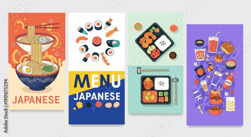 Collection of four vibrant posters showcasing various Japanese food items and menus, including ramen, sushi, bento boxes, and drinks.