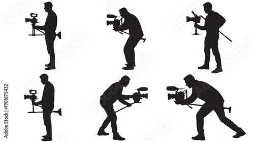 Dynamic collection of six black silhouette illustrations showcasing professional videographers and cameramen operating filming equipment in various active poses