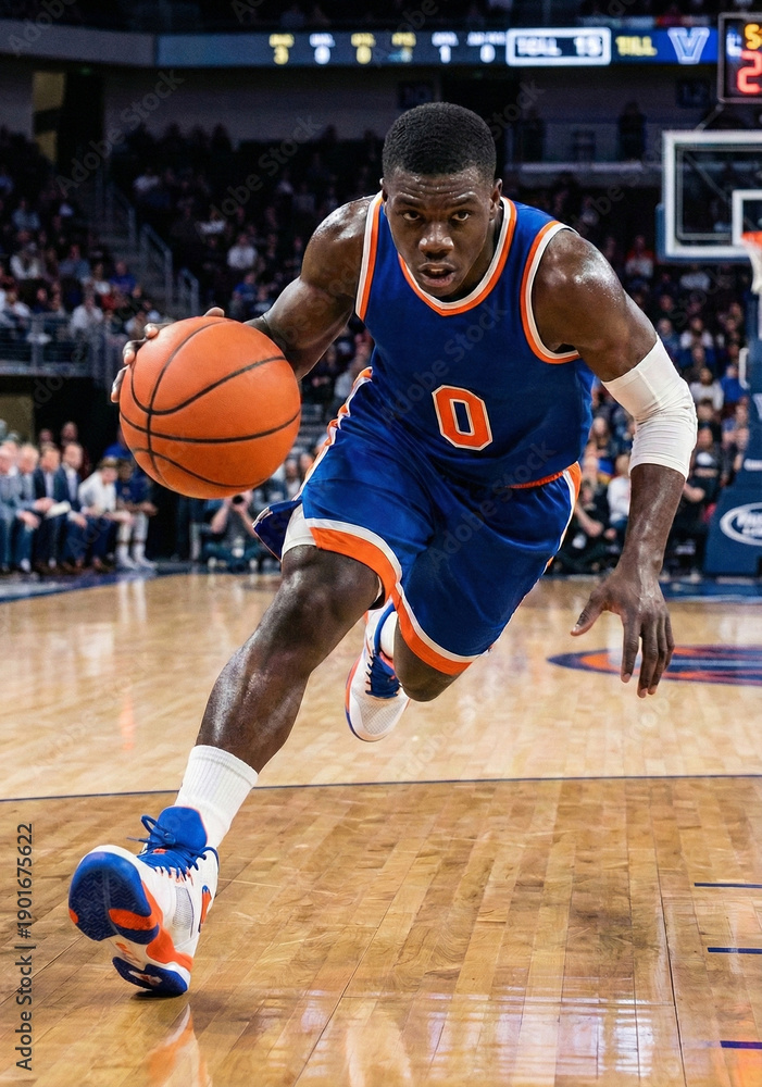 Naklejka premium Competitive Basketball Player Dribbling Ball Fast on Court: Concept of Athleticism, Professional Sports, Intense Game Action, and Determination