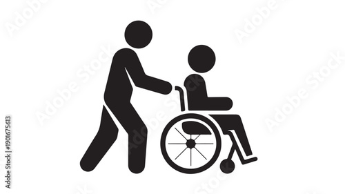 Black silhouette icon depicting a caregiver assisting a person in a wheelchair, symbolizing essential support, accessibility, and disability assistance
