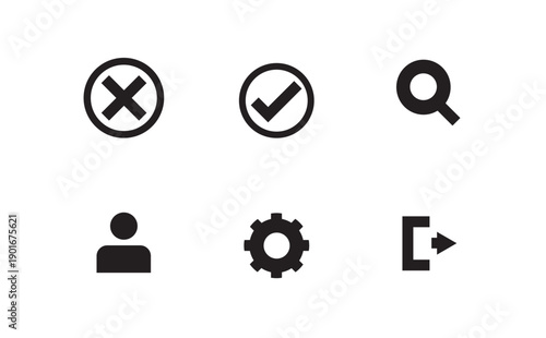 Set of simple black icons representing user interface elements on white background viewed from directly above