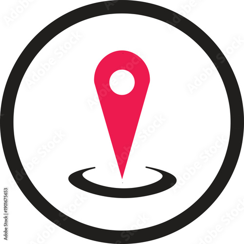 A red location pin icon centered within a circular black border on a white background, indicating a specific point, viewed directly from above