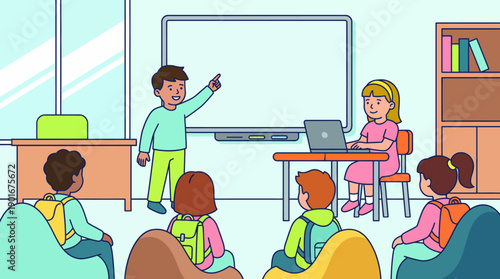 Young Students Giving Presentation in Modern Classroom with Interactive Screen. EdTech and Collaborative Learning Concept.