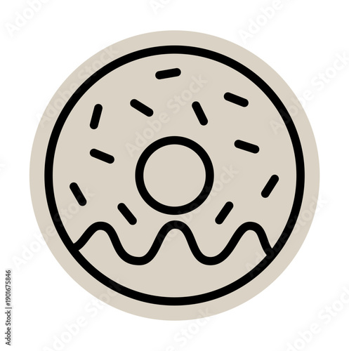 Glazed donut raisin scrapbook, doodle, sticker, collage, icon: hand drawn illustration of doughnut with melting cream and dry fruit for bakery, dessert, sweet, snack, food, breakfast, pastry