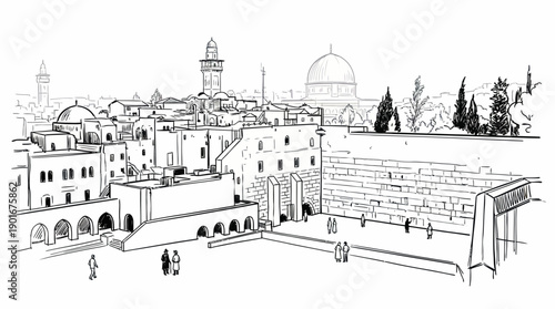Jerusalem Old City sketch: Western Wall (Kotel) plaza view with Dome of the Rock and historical buildings.